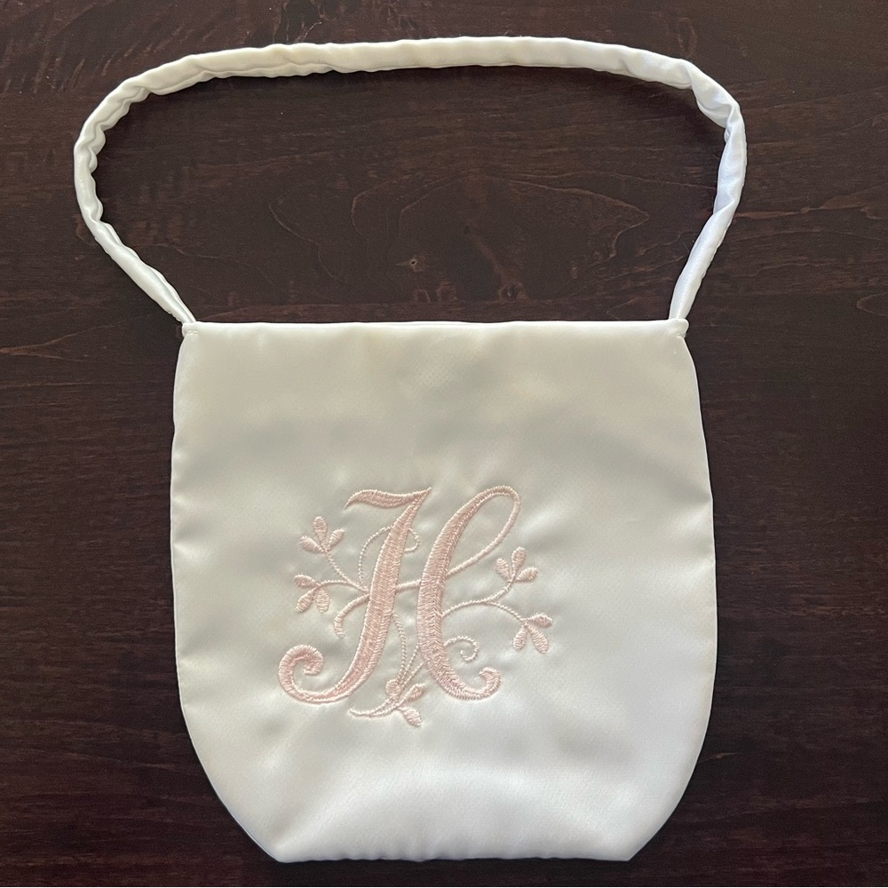 Custom Ordered White Satin Mini Bag with Pink H Embroidery